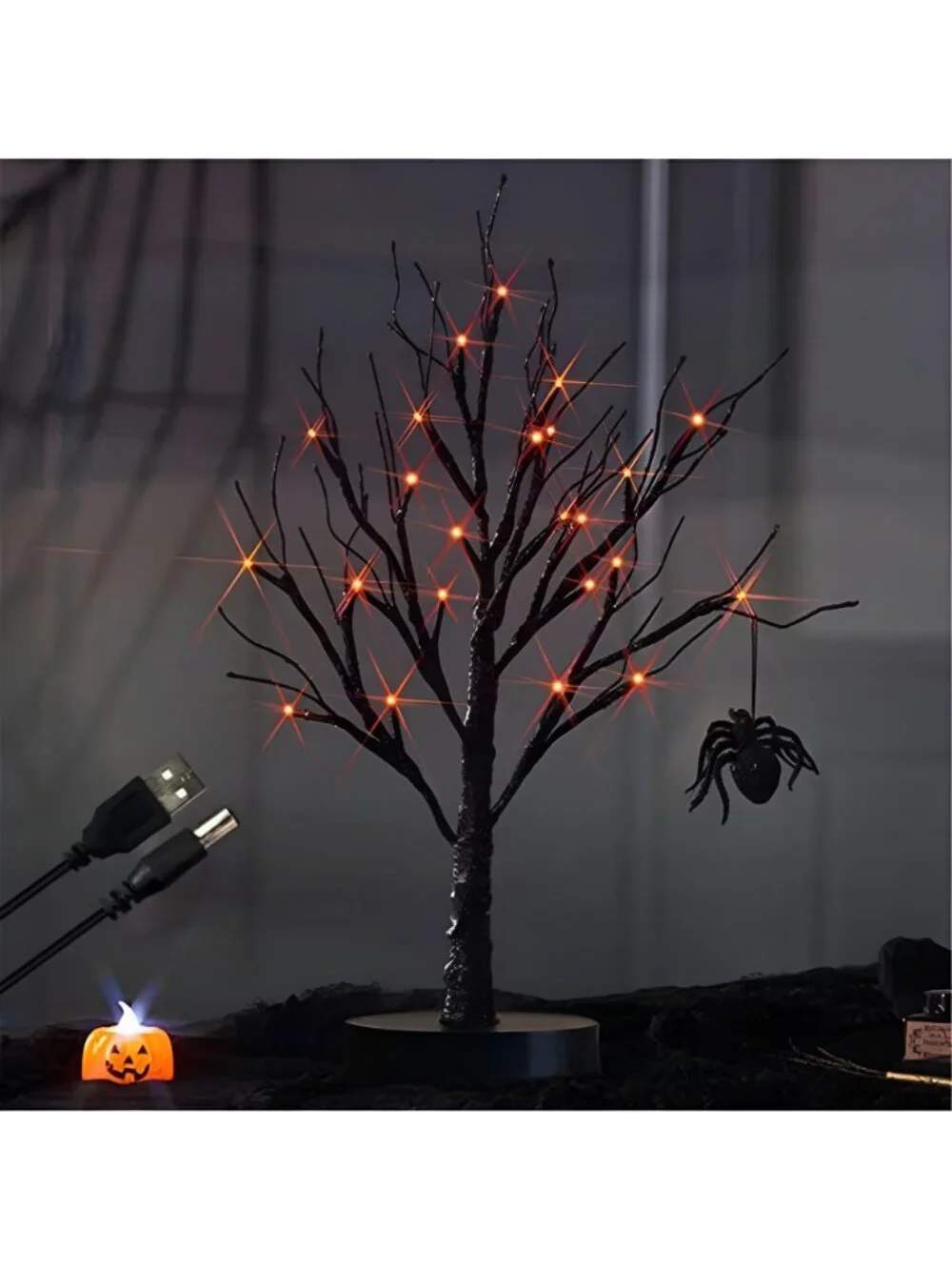 Fudios Black Halloween Tree with Lights 24 LED Orange with Timer, Lighted